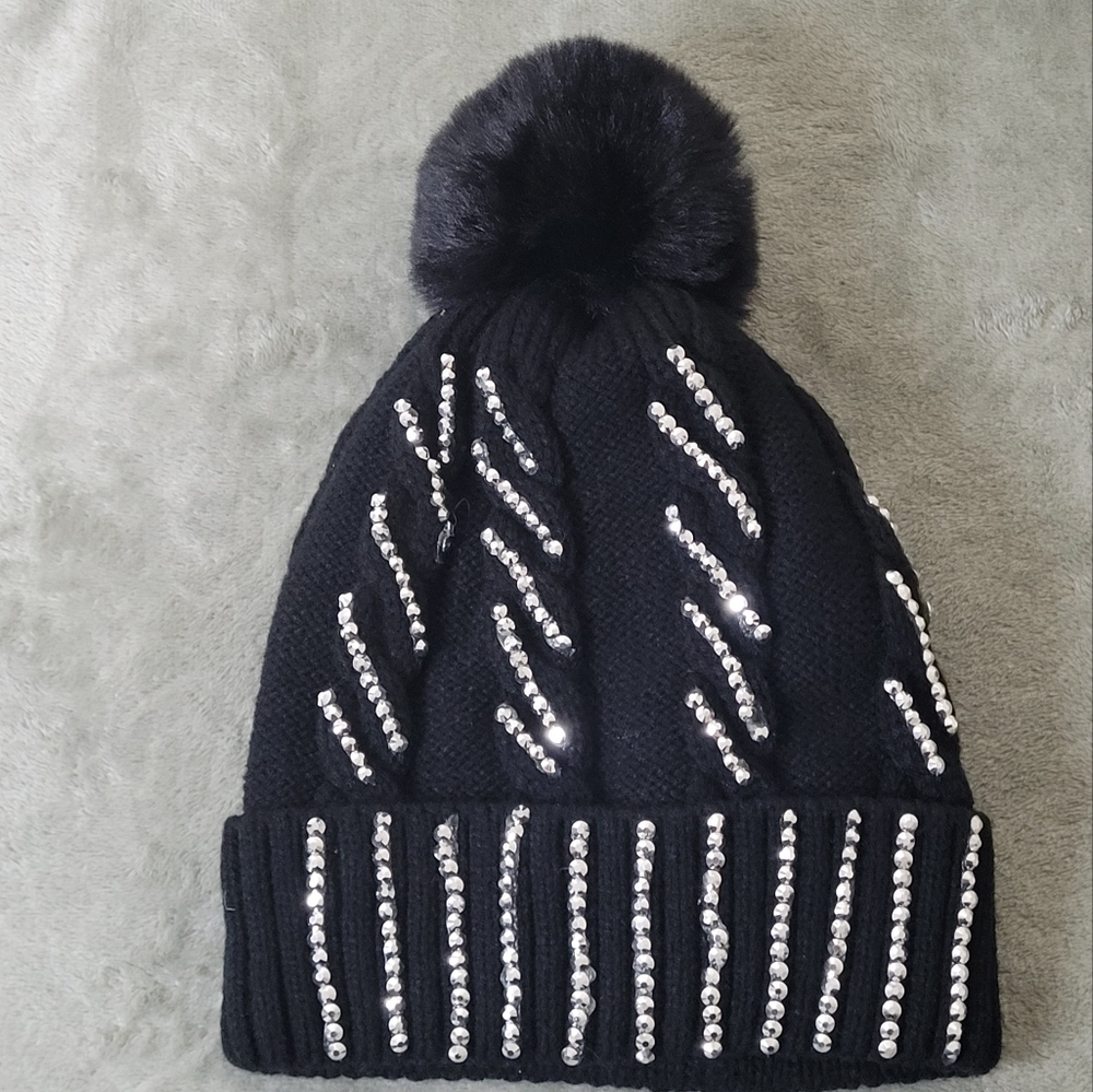 * Women's Teen Girl's Sparkly Bejeweled Cuffed PomPom Knit Beanie Hat Black